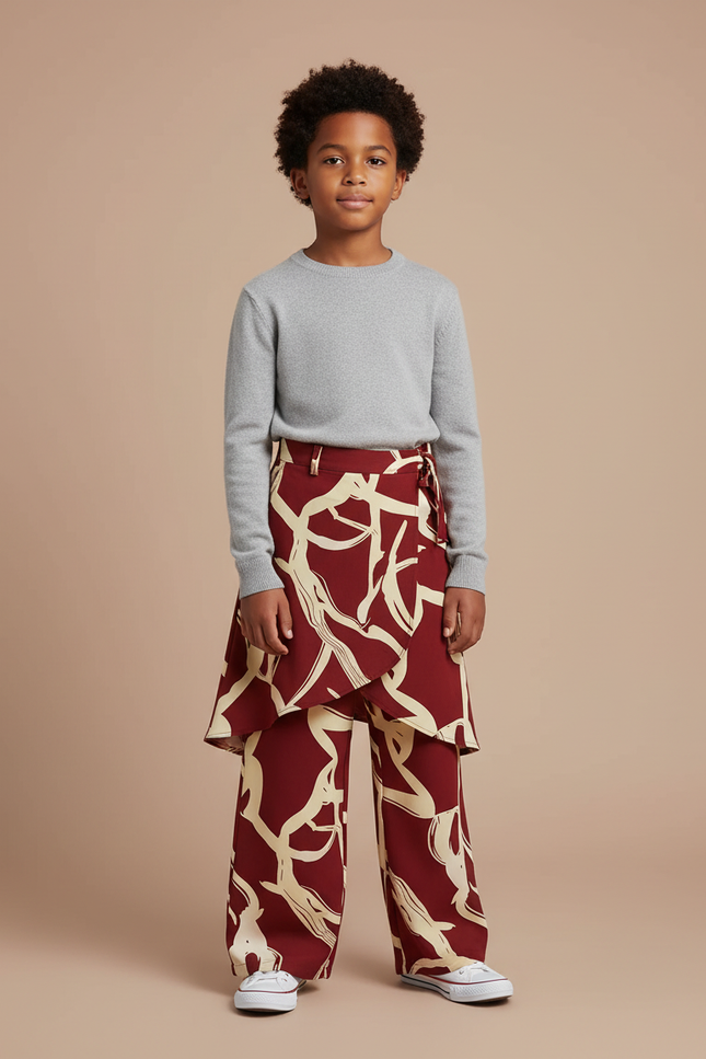 Pantalon Jupe Marron Imprimé Fluide Ample Enfant - Bordeaux Viscose