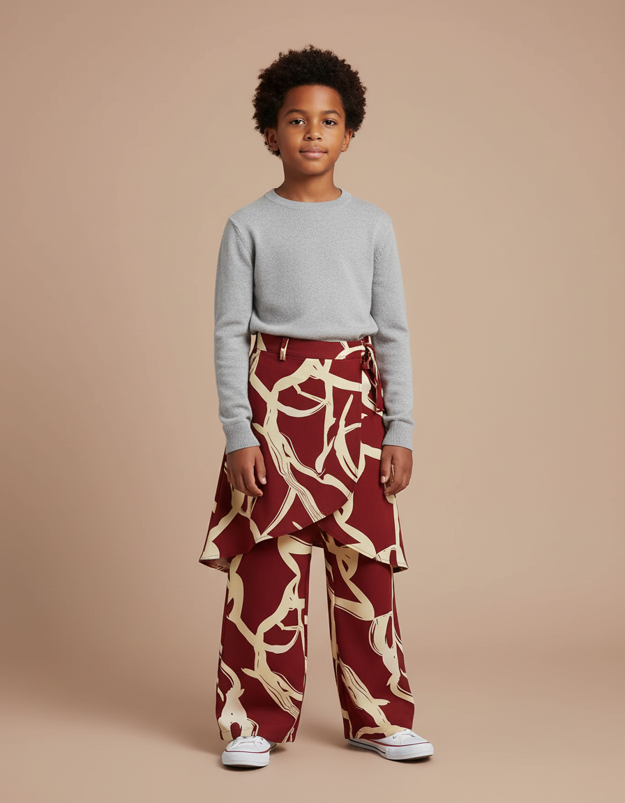 Pantalon Jupe Marron Imprimé Fluide Ample Enfant - Bordeaux Viscose