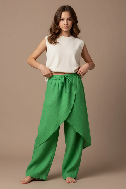 Pantalon Jupe Vert Lin Ample Superposé Femme