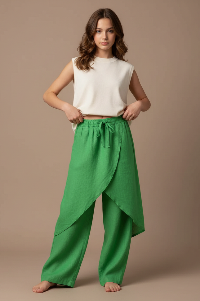 Pantalon Jupe Vert Lin Ample Superposé Femme