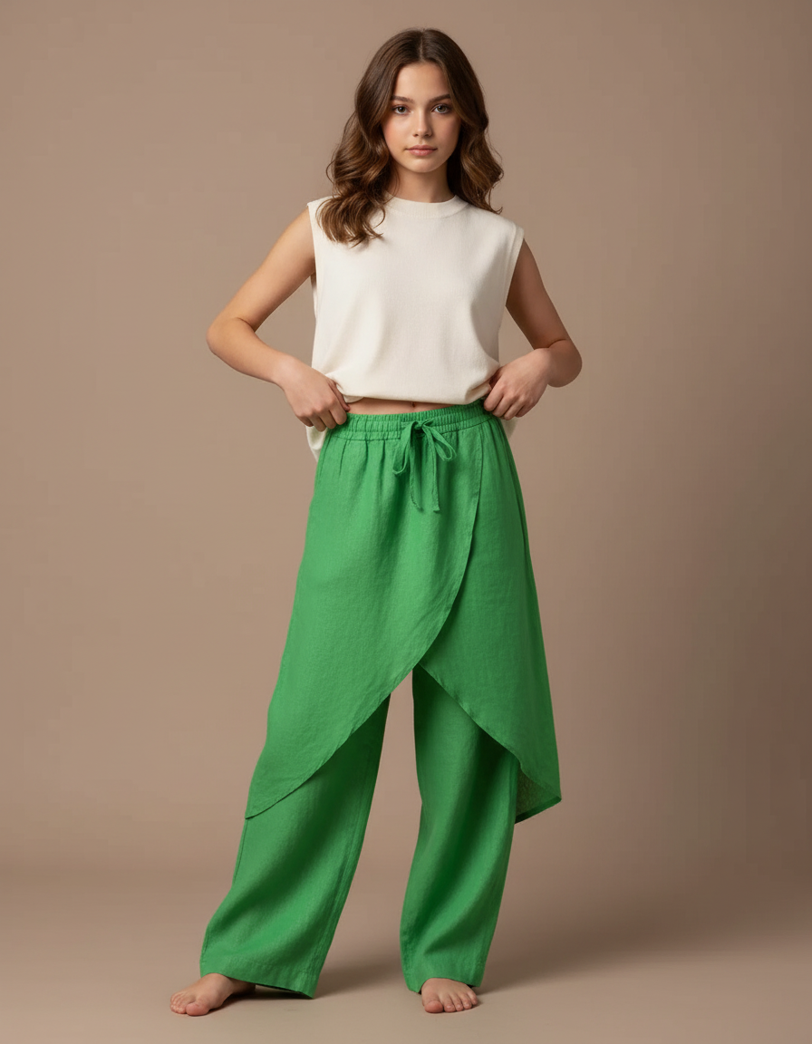 Pantalon Jupe Vert Lin Ample Superposé Femme
