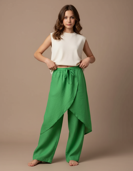 Pantalon Jupe Vert Lin Ample Superposé Femme