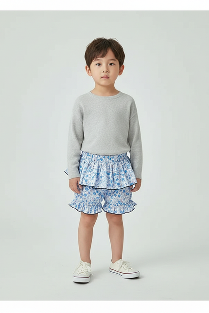 Pantalon Jupe Bleu Floral Volants Enfant - Coton
