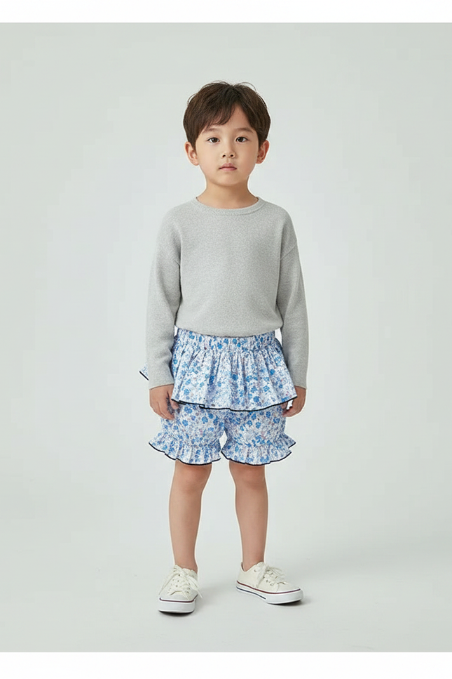 Pantalon Jupe Bleu Floral Volants Enfant - Coton