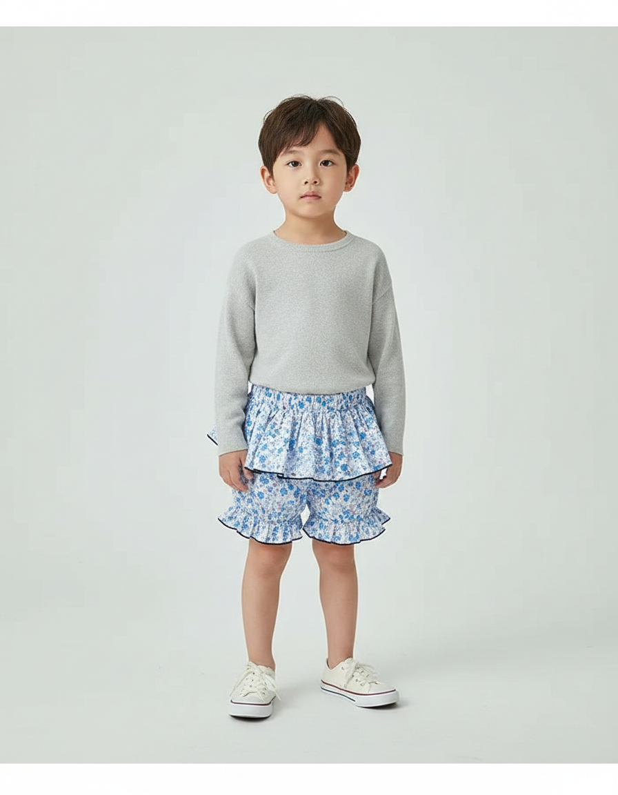 Pantalon Jupe Bleu Floral Volants Enfant - Coton