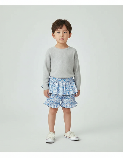 Pantalon Jupe Bleu Floral Volants Enfant - Coton