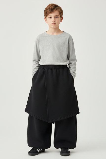 Pantalon Jupe Noir Ample Molletonné Épais Garçon