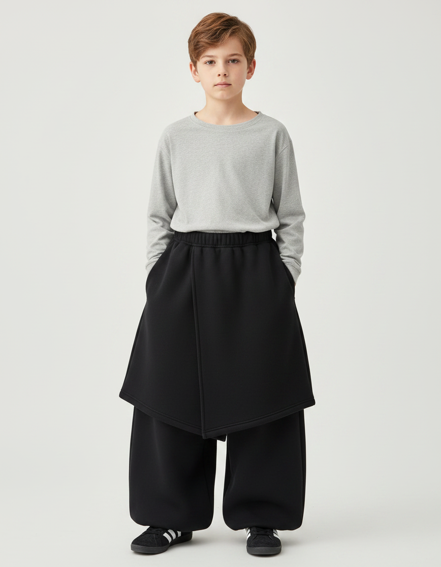 Pantalon Jupe Noir Ample Molletonné Épais Garçon