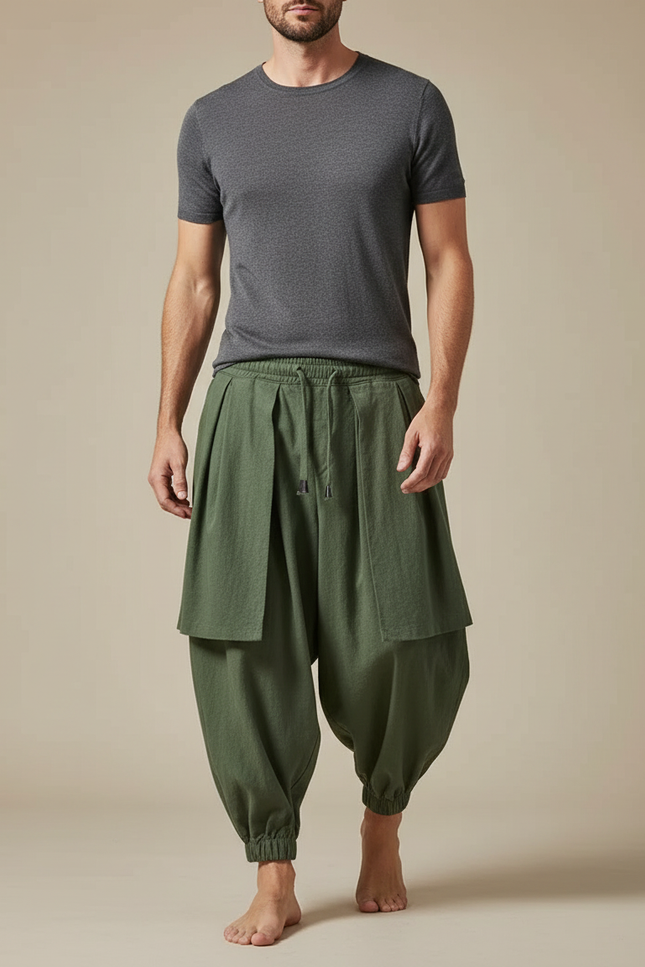 Pantalon Jupe Homme Vert Ample Coton Lin