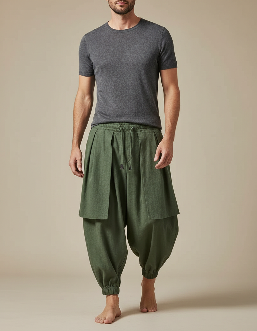 Pantalon Jupe Homme Vert Ample Coton Lin
