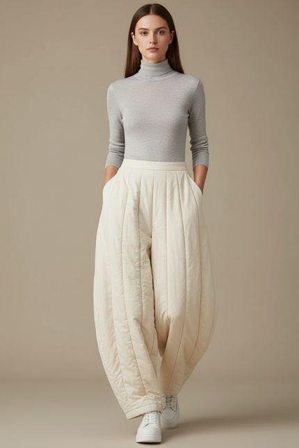 Pantalon Jupe Écru Matelassé Ample Hiver Chaud - Beige Polyester