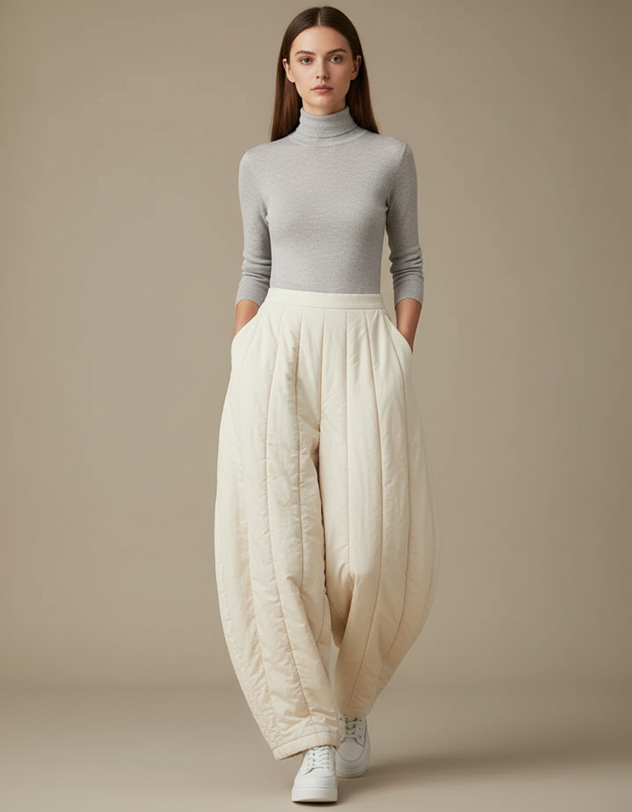 Pantalon Jupe Écru Matelassé Ample Hiver Chaud - Beige Polyester