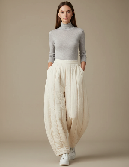 Pantalon Jupe Écru Matelassé Ample Hiver Chaud - Beige Polyester