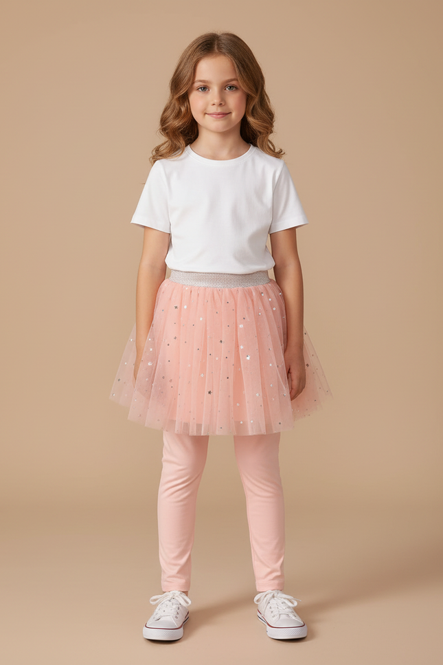 Pantalon Jupe Rose Tulle Étoiles Scintillantes Intégré Fille - Coton
