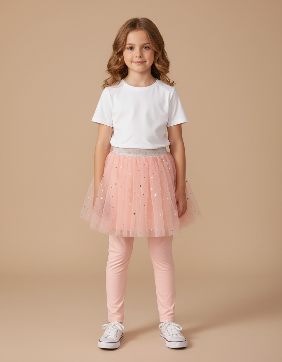 Pantalon Jupe Rose Tulle Étoiles Scintillantes Intégré Fille - Coton