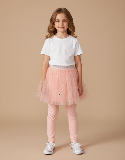 Pantalon Jupe Rose Tulle Étoiles Scintillantes Intégré Fille - Coton
