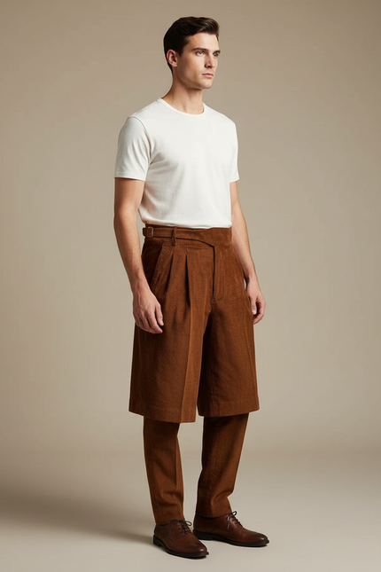 Pantalon Jupe Marron Côtelé Plissé Homme Élégant - Cordé