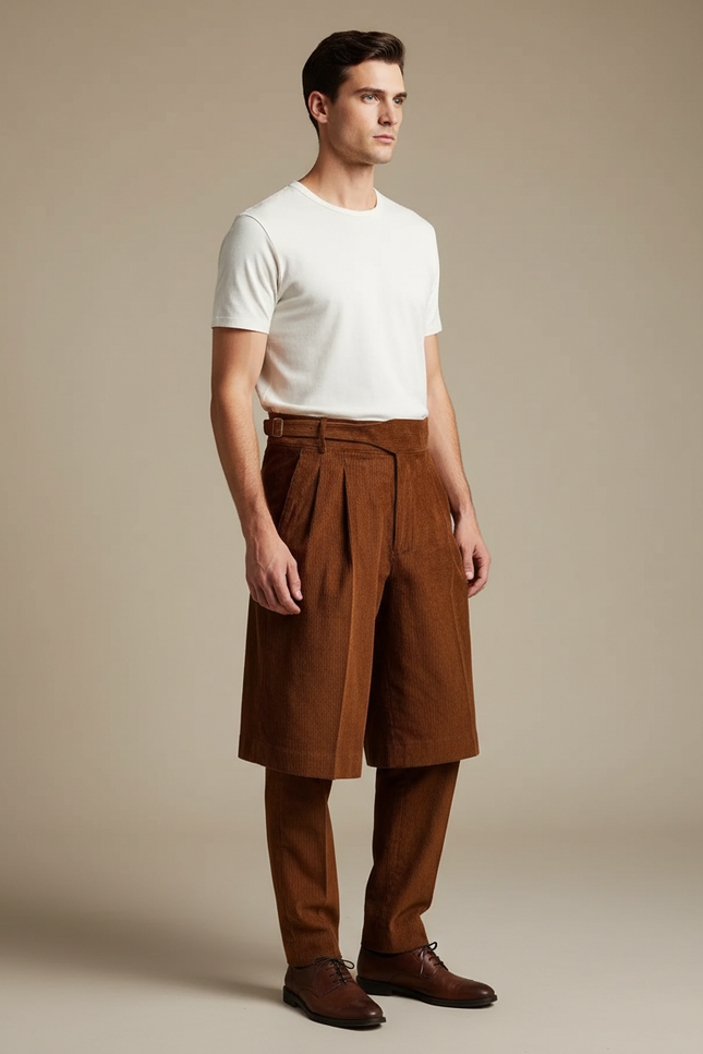 Pantalon Jupe Marron Côtelé Plissé Homme Élégant - Cordé