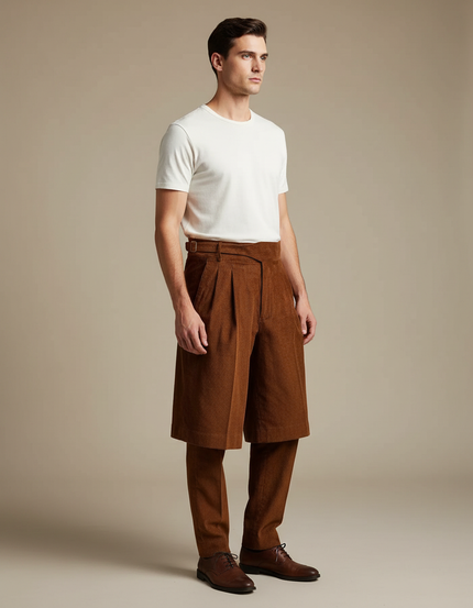 Pantalon Jupe Marron Côtelé Plissé Homme Élégant - Cordé