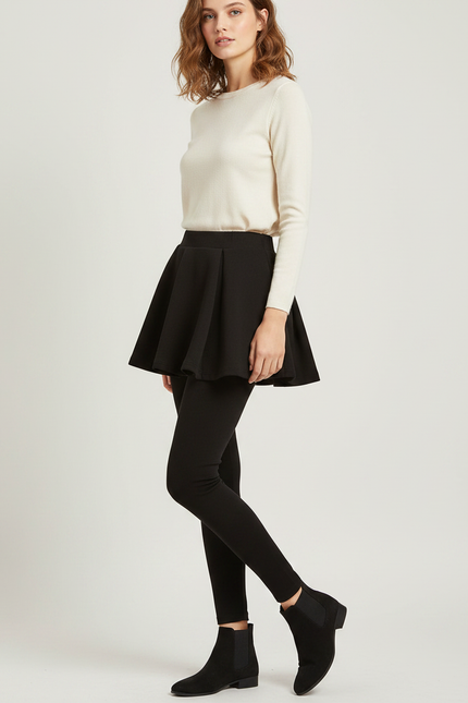 Pantalon Jupe Noir Plissé Intégré Hiver Simple - Maille
