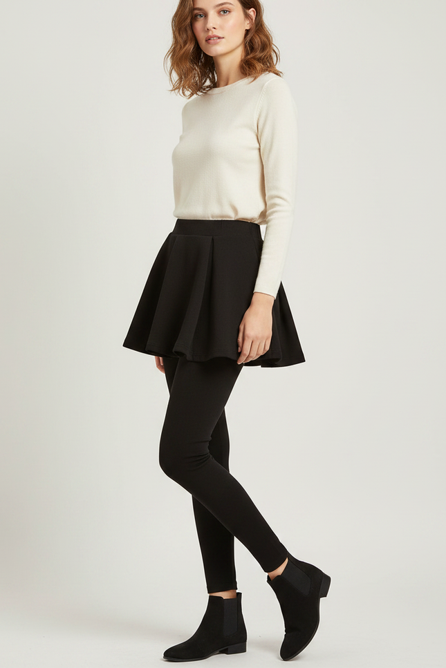 Pantalon Jupe Noir Plissé Intégré Hiver Simple - Maille