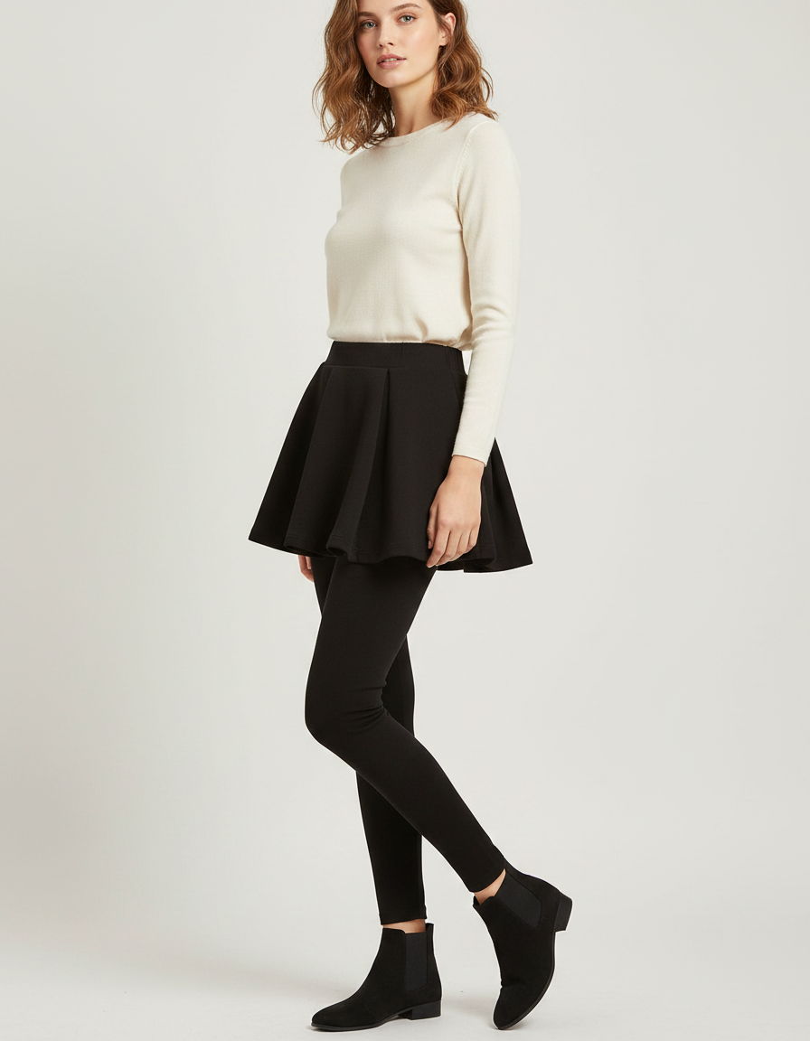 Pantalon Jupe Noir Plissé Intégré Hiver Simple - Maille