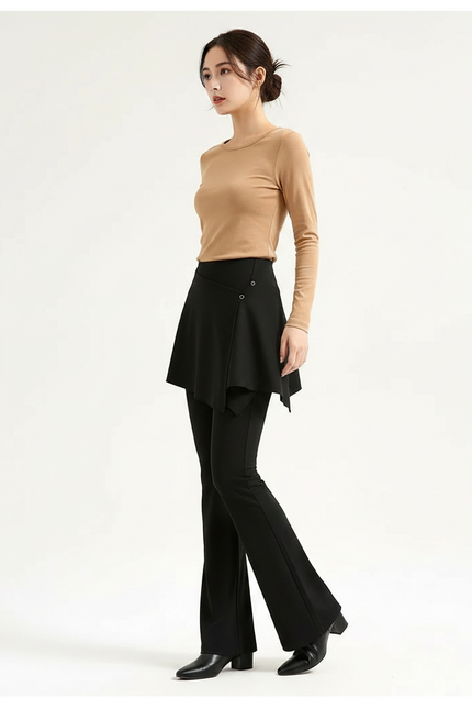 Pantalon Jupe Noir Évasé Superposé Élégant - Polyester