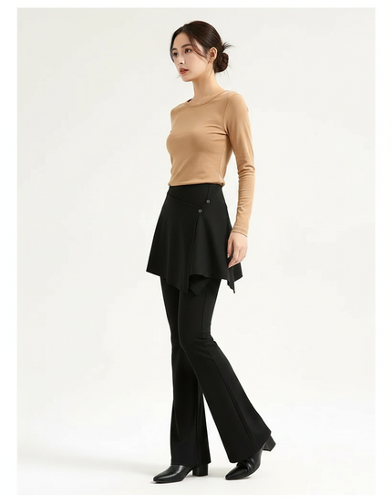 Pantalon Jupe Noir Évasé Superposé Élégant - Polyester
