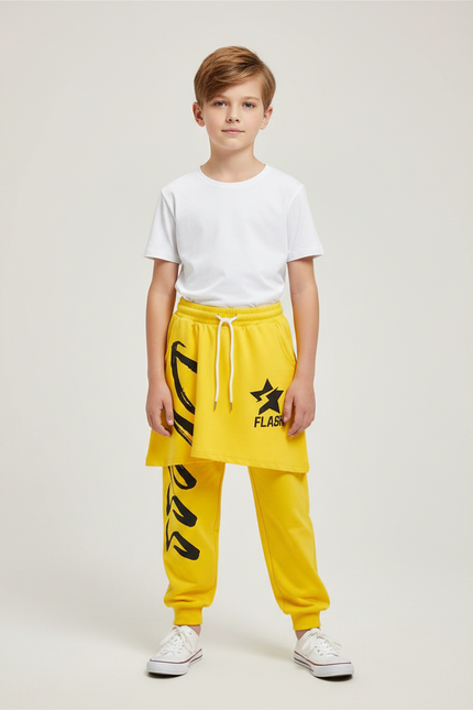 Pantalon Jupe Jaune Imprimé Asymétrique Garçon Streetwear - Molleton