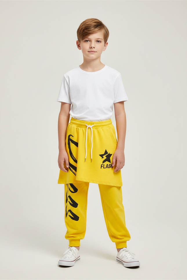 Pantalon Jupe Jaune Imprimé Asymétrique Garçon Streetwear - Molleton