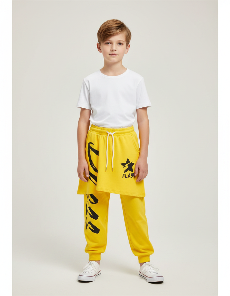 Pantalon Jupe Jaune Imprimé Asymétrique Garçon Streetwear - Molleton