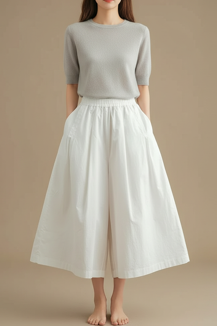 Pantalon Jupe Blanc Ample Coton Fluide Décontracté