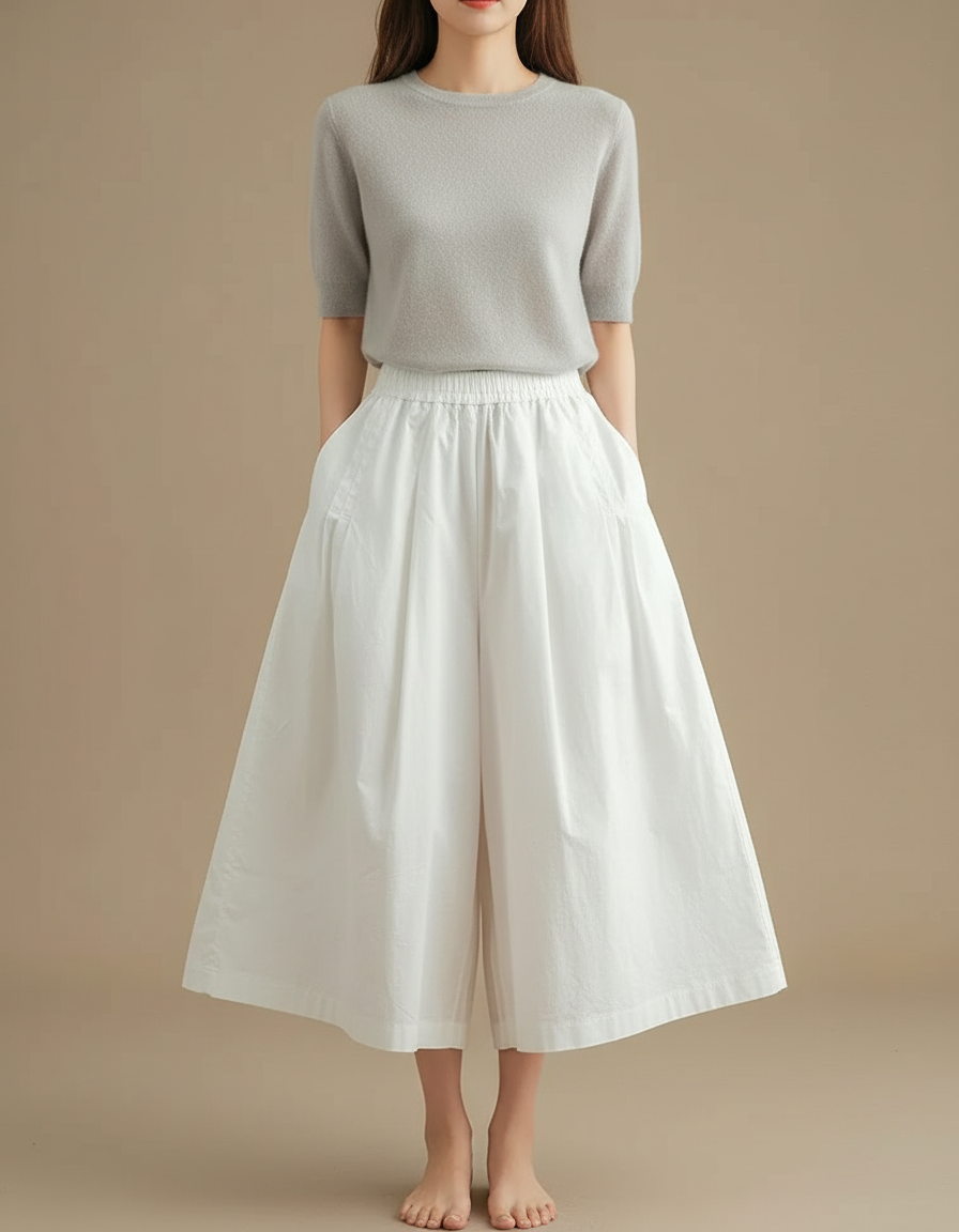 Pantalon Jupe Blanc Ample Coton Fluide Décontracté