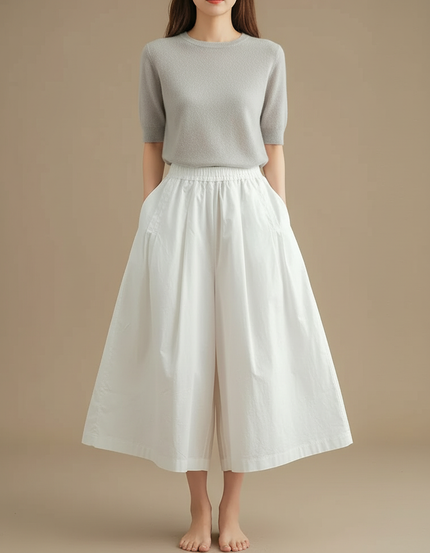 Pantalon Jupe Blanc Ample Coton Fluide Décontracté