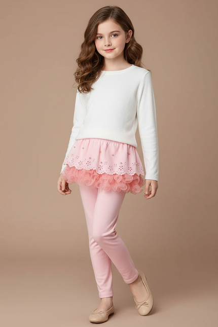 Pantalon Jupe Rose Brodé Tulle Confortable Fille - Molleton