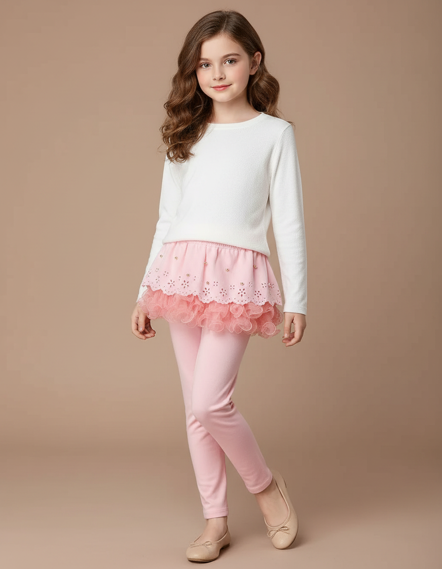 Pantalon Jupe Rose Brodé Tulle Confortable Fille - Molleton