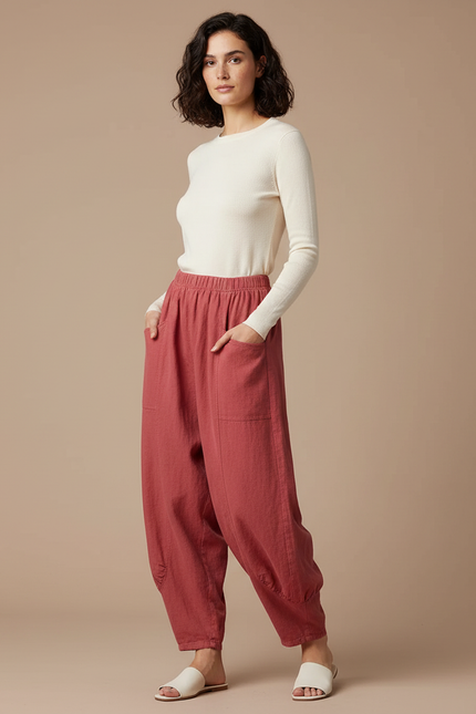 Pantalon Jupe Rouge Ample Coton Lin Vintage