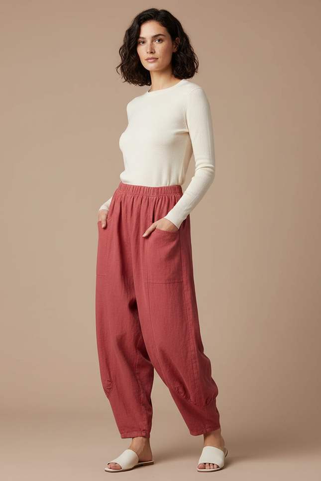 Pantalon Jupe Rouge Ample Coton Lin Vintage