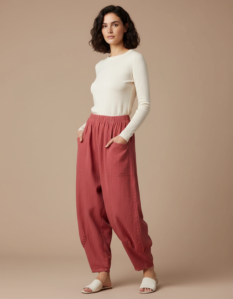 Pantalon Jupe Rouge Ample Coton Lin Vintage