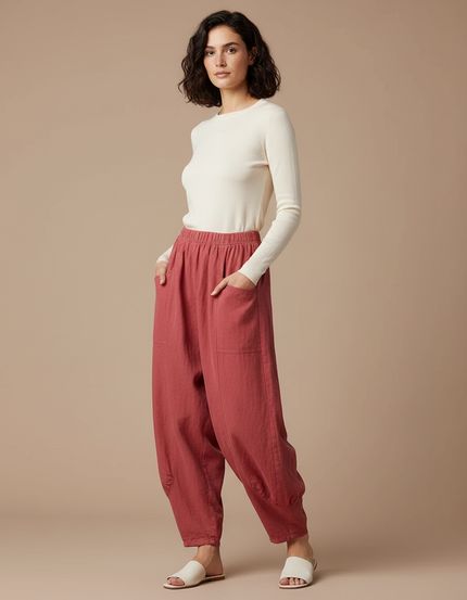 Pantalon Jupe Rouge Ample Coton Lin Vintage