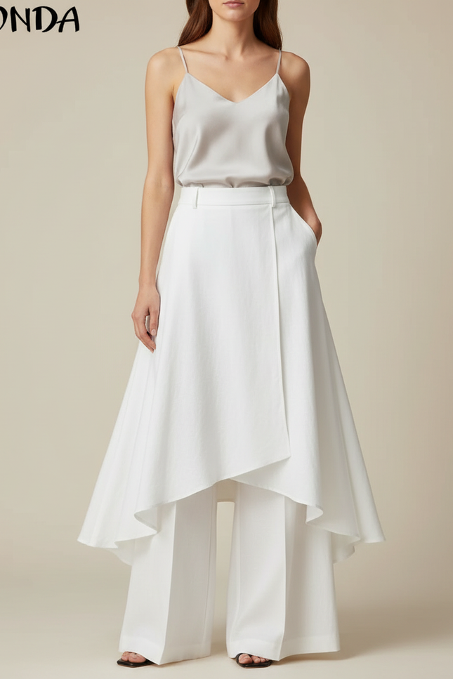 Pantalon Jupe Blanc Asymétrique Fluide Élégant Moderne - Polyester