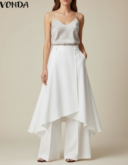 Pantalon Jupe Blanc Asymétrique Fluide Élégant Moderne - Polyester