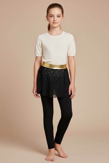 Pantalon Jupe Noir Strass Ceinture Dorée Fille - Polyester