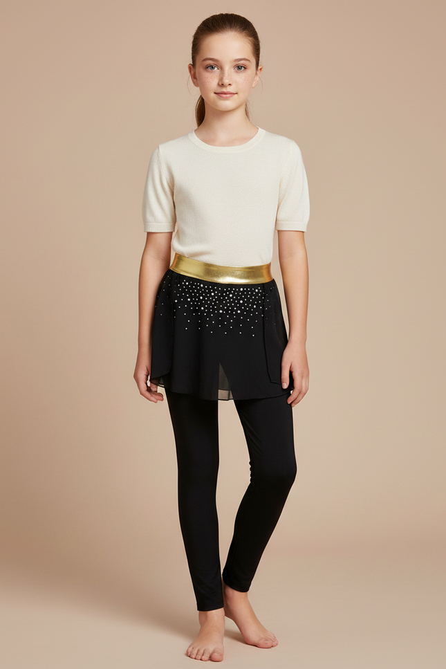 Pantalon Jupe Noir Strass Ceinture Dorée Fille - Polyester