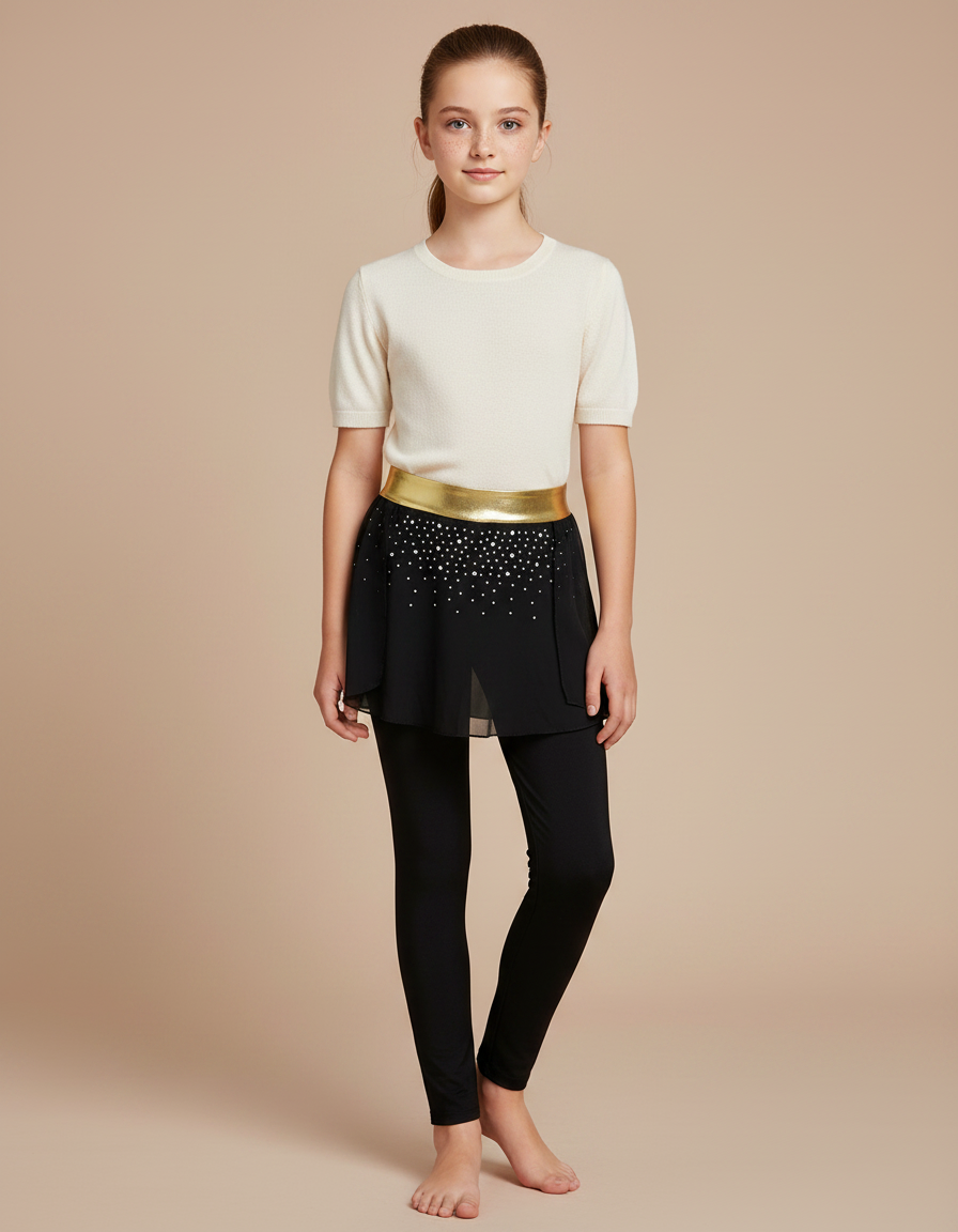 Pantalon Jupe Noir Strass Ceinture Dorée Fille - Polyester