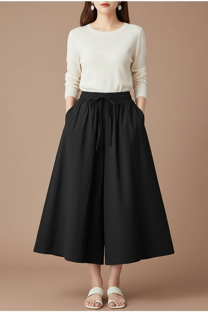 Pantalon Jupe Noir Ample Coton Lin Fluide Décontracté