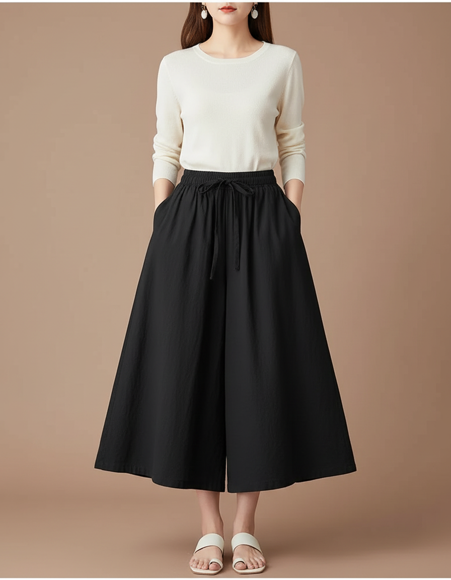 Pantalon Jupe Noir Ample Coton Lin Fluide Décontracté
