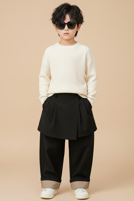 Pantalon Jupe Noir Plissé Ample Garçon Élégant - Gabardine