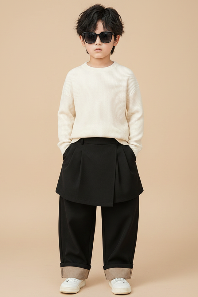 Pantalon Jupe Noir Plissé Ample Garçon Élégant - Gabardine