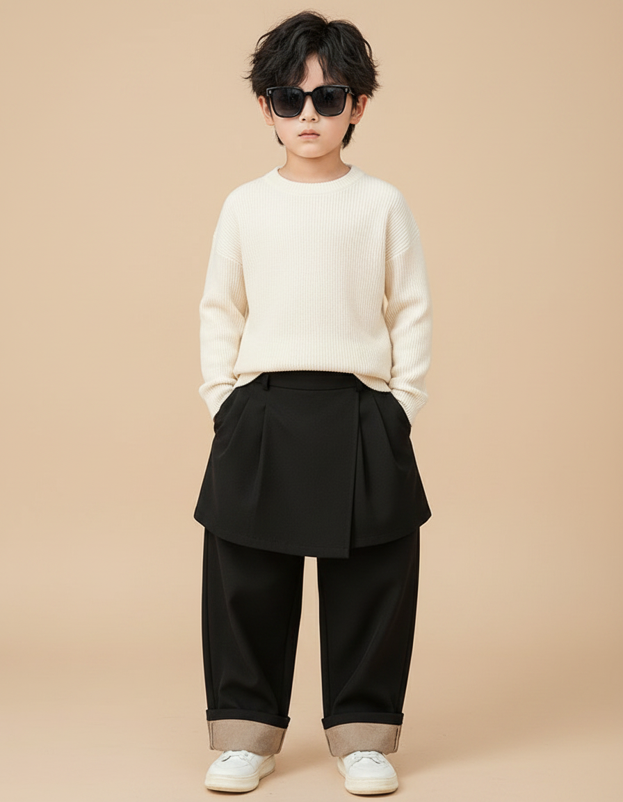 Pantalon Jupe Noir Plissé Ample Garçon Élégant - Gabardine